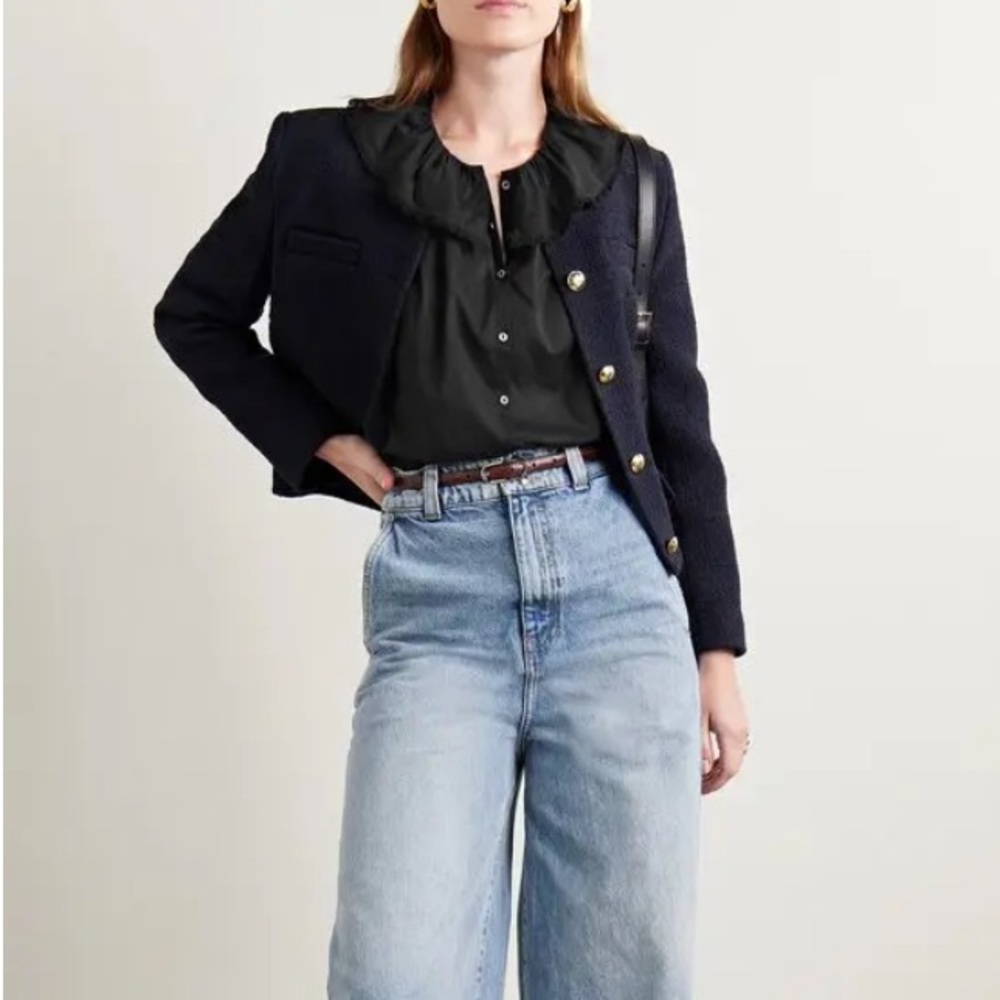 Doen Black Organic Cotton Lace Trim Collar Semi-Sheer Long Wide Sleeve Blouse